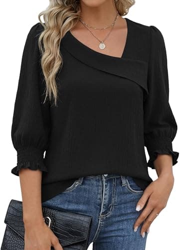 Funlingo 3/4 Length Sleeve Womens Tops Business Dressy Casual Blouses Asymmetric Square Neck Tunic Work Shirts Spring Office Outfits 2026 Black L - Image 1