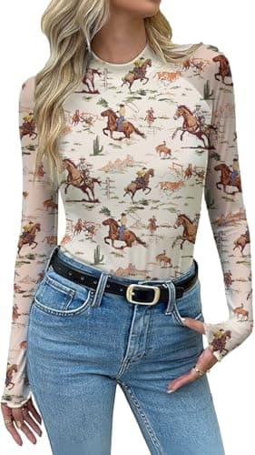 Mesh Long Sleeve Shirts for Women See Through Graphic Tees Sexy Costumes Y2k Mock Christmas Party Outfits Western Rodeo Tops - Image 1