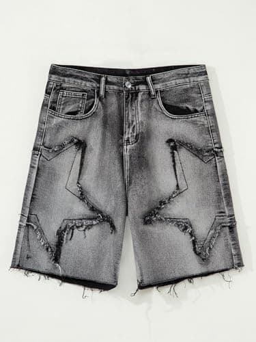 JMIERR Baggy Jeans Shorts for Men Oversized Fit Knee-Length Wide Leg Jorts Y2K Vintage Streetwear Denim Shorts with Star Patches, Gray, X-Small - Thumbnail 6