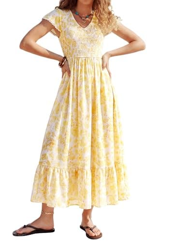 Womens Spring Dresses 2026, Casual V Neck Cap Sleeve Floral Summer Maxi Dress,Long Flowy Wedding Guest Dress Vacation Outfits - Image 1