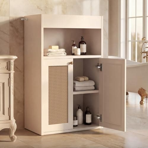 OMCHOM 37.5" Narrow Freestanding Bathroom Storage Cabinet with Rattan Doors, Top Enclosed Guardrail Shelf, High Density Solid MDF Adjustable Shelf, White Bathroom Organizer (White) - Image 1