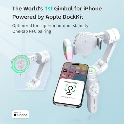 COMITOK Only for iPhone, MOGO [Apple MFi Certified] Gimbal Stabilizer for iPhone with Phone Clip & RGB Light, Support Selecting Tracking Target on Apple Watch & iOS26 Cameras for iPhone 16 15 Pro Max - Thumbnail 2
