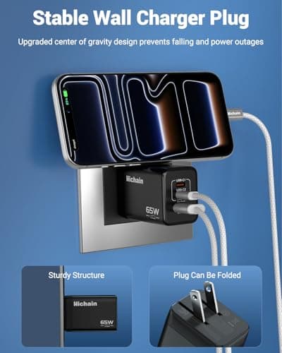 Hichain 65w Fast Charger USB C Block, Phone Charger Wall Plug 3 Port Retractable Charging Block, Portable Cell Phone Charger Block Travel Adapter Charger for iPhone 17 iPad Laptop MacBook - Thumbnail 3