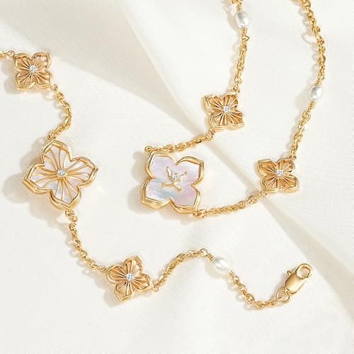FETERO Gold Bracelets for Women Trendy, Dainty 14K Gold Plated Charm Clover Bracelet 2 Sided MOP Lucky Pendant Cute Pearl Beaded Bracelets Link Chain Waterproof Womens Jewelry Gifts - Thumbnail 4
