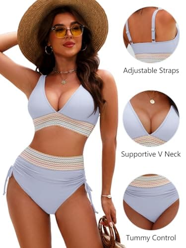 GKBK Women High Waisted Bikini Sets Tummy Control Swimsuits Color Block Two Piece Drawstring Bathing Suit Blue L - Thumbnail 4