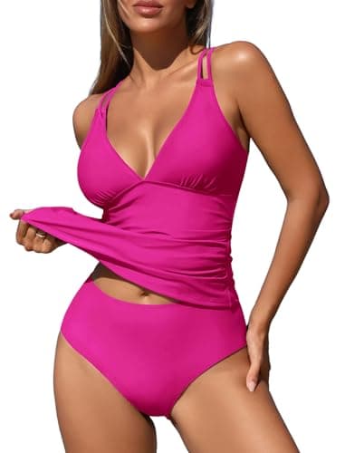 ZAFUL Tankini Swimsuits for Women 2026 Two Piece Swimsuits High Waisted Bathing Suit Solid Color Push Up Swim Top for Women Summer Party (Rose Red XL) - Image 1
