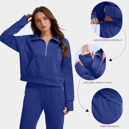 Anyshe Women's 2 Piece Sweatsuit Set Lounge Set Half Zip Sweatshirt with Kangaroo Pocket Thumb Holes Wide Leg Drawstring Pants Casual Tracksuit for Travel Daily Wear, Navy, Medium - Thumbnail 5
