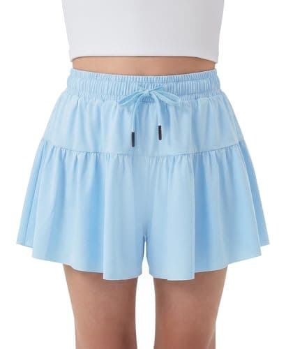Stelle Girls Athletic Shorts Flowy 2 in 1 Butterfly Short Running Soccer Tennis Sports Shorts with Pocket,Light Blue,12-13 Years - Image 1