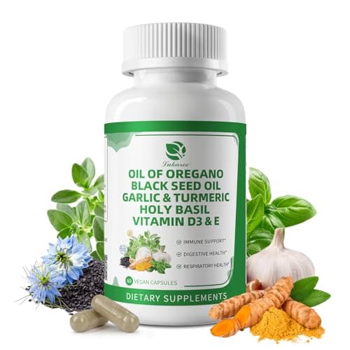 Organic Oil of Oregano Capsules with Black Seed Oil, Garlic, Turmeric, Holy Basil, Vitamin D3, E & Black Pepper for Better Absorption – Immune, Digestive & Respiratory – Vegan, Non-GMO, 2 Month Supply - Image 1