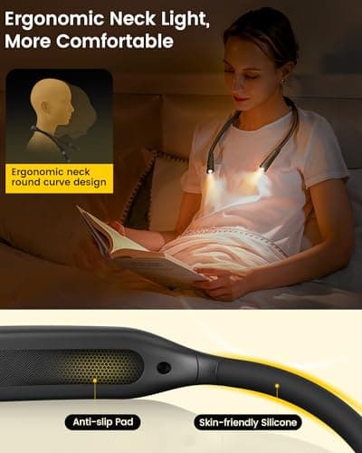 Glocusent Neck Book Light, 1200mAh Rechargeable Neck Reading Light, Hands Free Book Lights for Reading at Night, 5 Colors & 5 Brightness, Private Lightweight Book Reading Light in Bed for Book Lovers - Thumbnail 2