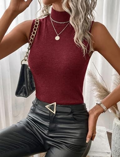 LaGracia Womens Mock Neck Sleeveless Sweater for Women Summer Spring Business Casual Wool Blend Tank Tops Knit Pullover Sweaters DarkRed S - Thumbnail 3