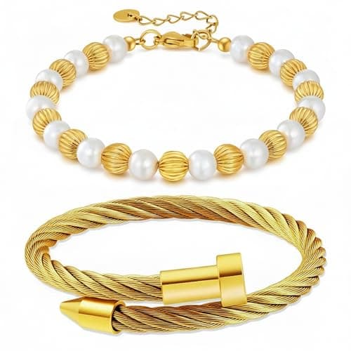 LCTrusttmor Gahna 18K Gold Plated Bangle Bracelet for Women, Non-Tarnish Stackable Nail Bracelets Set With Beaded, Dainty Adjustable Cubic Zirconia Snake Chain With Pearl Crystal Beaded, Trendy Jewelry Mother's Day Birthday Gifts for Lover Mom Her - Image 1