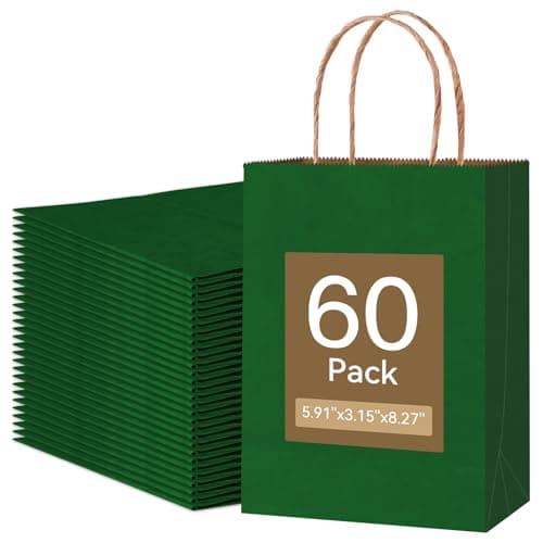 Qioxiou 60Pcs Forest Green Gift Bags with Handles 5.91x3.15x8.27 Small Size Bulk Kraft Paper Party Favor Bags for Christmas, Wedding, Birthday, Craft, Shopping, Retail, Grocery, Recyclable Paper Sacks