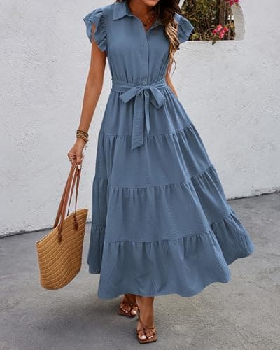 dowerme Women's Summer Casual Dresses 2026 Cap Ruffle Sleeve V Neck Button Belted Tiered Boho Maxi Dress with Pockets(Grey Blue,Medium) - Thumbnail 2