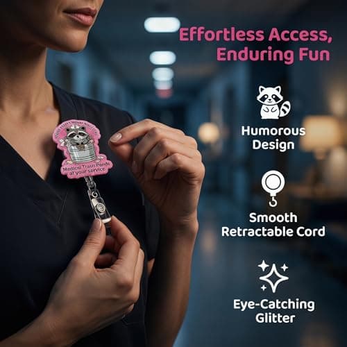Retractable Badge Reel with Alligator Clip, Heavy Duty, Cute Funny ID Name Tag Holder for Nurses, Doctors, Teachers, and Office (Pink-Medical Trash Panda) - Thumbnail 5