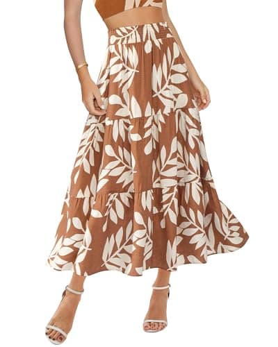 BTFBM Skirts for Women Summer 2026 Floral Print A Line Elastic High Waist Boho Maxi Skirt Spring Fashion Clothing Pocket(Leaf Khaki, XX-Large) - Image 1