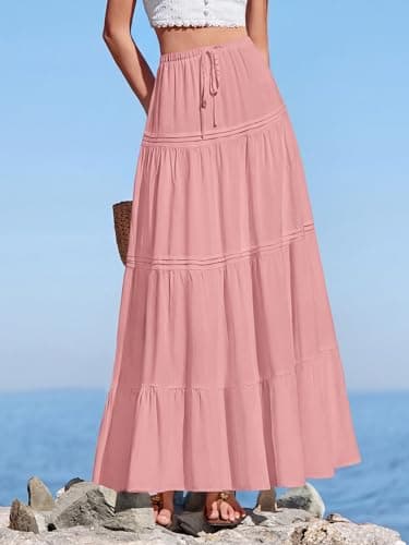 BTFBM Spring Skirts for Women 2026 Summer Boho Beach Vacation Clothes Casual Pleated High Waisted Flowy Maxi Skirt(Pink, XX-Large) - Thumbnail 6
