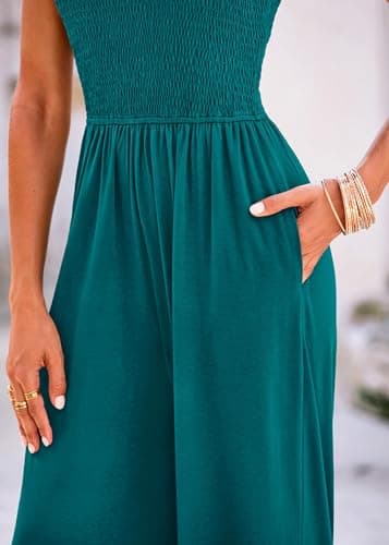 KIRUNDO Womens Jumpsuit 2026 Summer Casual Loose One Piece Overalls Smocked Sleeveless Wide Leg Rompers With Pockets(Peacock Blue, XX-Large) - Thumbnail 5