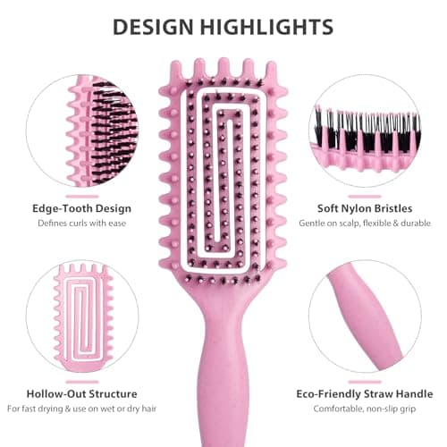 Inpoipsor Curly Hair Brush, Curl Defining Brush for Women and Men, Effortless Detangling and Shaping for Curls, Waves and Coils, Reduces Pulling, Smooth Results (Pink) - Thumbnail 3