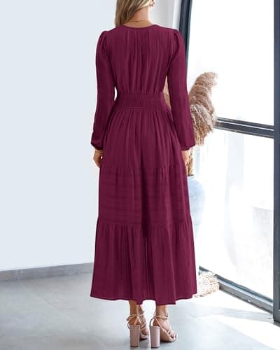BTFBM Spring Dresses for Women 2026 Casual Long Sleeve V Neck Elastic Waist Lightweight Maxi Wedding Guest Dress Pockets(Burgundy, XX-Large) - Thumbnail 3