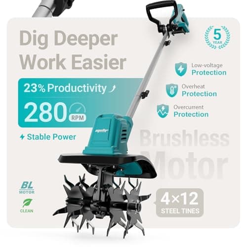 Cordless Brushless Garden Tiller Cultivator Compatible with Makita18v Battery (Tool Only), 10’’ Wide 7’’ Deep Electric Soil Rototiller, 48-Tine Mini Rotary Areator for Garden Beds & Soil Preparation - Thumbnail 6