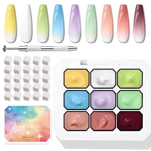 Woobena Pat Pat Gel,Ombre Gel Nail Polish Gradient Patting Gel Nail Kit for Painting DIY Nail Art No Wipe, Blooming UV/LED Curing with Tweezer and 100Pcs Nail Sponges for Ombre (9 colors B） - Image 1
