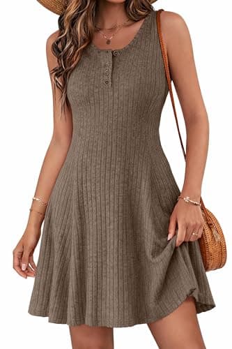 Lazysmile Summer Sleeveless Dresses for Women Crewneck Button Down Ribbed Knit A Line Casual Short Dress Dark Khaki - Image 1