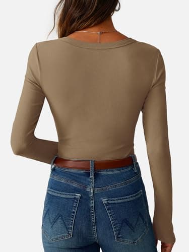 GKBK Ribbed Long Sleeve Shirts for Women Fitted Basic Tight T-Shirts Crewneck Cute Layering Tops Lightweight Fall Sweaters 2026 Fashion Clothes Outfits Light Khaki - Thumbnail 4