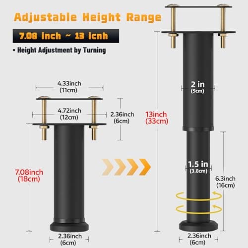Wlrrcwdttc 4 Pcs Adjustable Height Bed Support Legs 7.08-13 inch, Bed Frame Center Support Legs for Bed Frame/Bed Center Slat/Furniture, Heavy Duty Metal Bed Replacement Legs Bed Slats Support Legs - Thumbnail 2