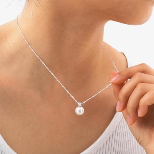 Juvux Necklaces for Women Pearl Pendant Necklace-S925 Sterling Silver Necklace 10mm Pearl Trendy Charm Jewelry for Women Gifts for Anniversary Wedding Birthday (CZ Silver) - Thumbnail 3