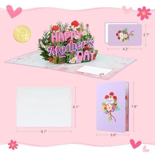 FaCraft 3D Pop Up Mothers Day Card - Handmade Red Carnations & Daisies Flower Greeting Card with White Pearlescent Envelope, Blank Insert, Seal, for Best Mom, Wife, Grandma, Daughter - Thumbnail 6