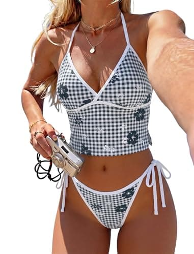 Jillumi Halter Tankini Swimsuits for Women Bathing Suits Two Piece Cute Tie Side Thong Cute Swimsuits 2 Pieces Bathing Suit Swimwear Swim Suits (Black White Plaid M) - Image 1