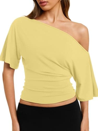 REORIA Women's Off The Shoulder Tops Short Sleeve Cinched Waist T-Shirts - Image 1