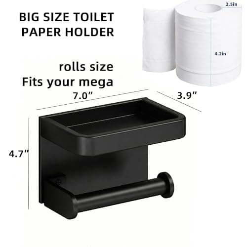 Lavstow Toilet Paper Roll Holder with Phone Shelf, Adhesive or Screw Aluminum Tissue Roll Holder Wall Mount, Rustproof for Bathroom,Washroom Black - Thumbnail 2
