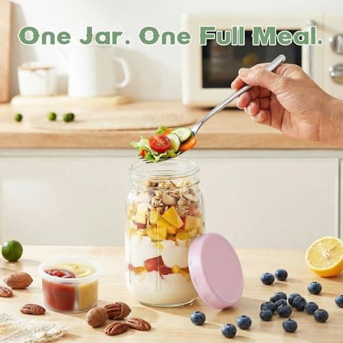 Salad Jars with Lids Meal Prep Containers Glass - 32oz Leakproof Mason Jars Salad Containers with Dressing Cup for Lunch Bentgo, Full Meal Salads Lunch Containers with Spoon Forks for Adults - Thumbnail 2