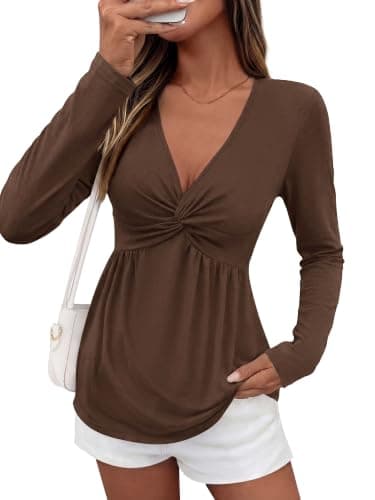 BTFBM Babydoll Tops for Women 2026 Fall Fashion Twist Front V Neck Flowy Long Sleeve Blouses Dressy Casual Peplum Tops(Brown, XX-Large) - Image 1