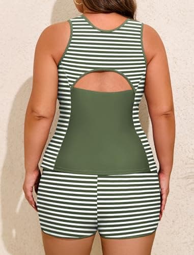 Arolina Bathing Suits for Women Two Piece Racerback Tankini Beach Loose Fit Swimming Swimsuit Boy Shorts Army Green Stripes 22W - Thumbnail 4