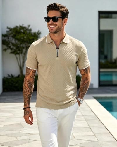 TRFIC Mens Polo Shirts Short Sleeve Casual Polo Shirt Vintage Golf T Shirts Old Money Tops Khaki - Thumbnail 3