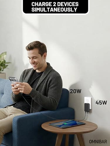 Omnibar Slim Flat 67W USB C Wall Charger, 2-Port PD 3.0 PPS GaN Fast Charger Block, Foldable Compact USB C Power Adapter for iPhone 17 16 15, Samsung Galaxy S26 S25, iPad, MacBook, Steam Deck, Cameras - Thumbnail 4