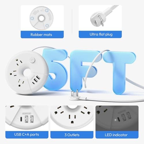 Travel Power Strip with USB Ports, NTONPOWER Cruise Approved Power Strip with 3 Outlet 3 USB(1 USB C), 5 ft Extension Cord, Compact for Indoor Home Office Dorm Room Cruise Essentials, White - Thumbnail 3