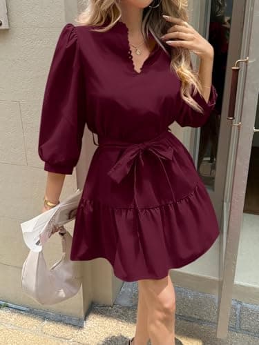 Cicy Bell Womens Puff 3/4 Sleeve Mini Dresses Bow Tie Waist V Neck Casual Trendy Ruffle Tiered Short Dress - Thumbnail 3
