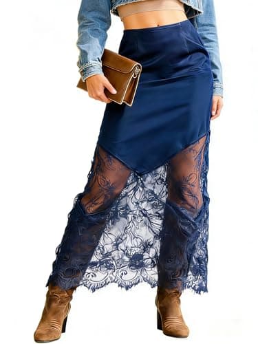 Women's 2026 Lace Patchwork Bodycon Skirt - High Waist Elegant Solid Maxi Long Skirt (US, Alpha, Medium, Regular, Regular, Blue) - Image 1