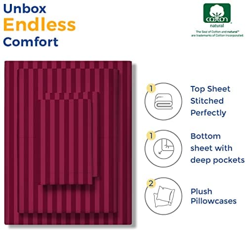 THREAD SPREAD Striped Egyptian Cotton Sheets Twin XL Size - 600 Series Bliss Collection Damask Twin XL Sheets Deep Pockets (3 PC, Burgundy Stripe), Sateen Dorm Bedding, Fits Mattress Upto 18" - Thumbnail 4
