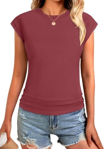 GKBK Womens Summer Tops Ruched Cap Short Sleeve Tshirts Business Fashion Trendy Clothes Outfits Coral S - Thumbnail 3