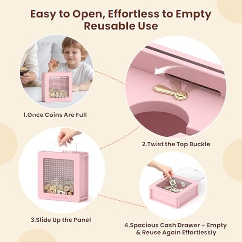 Summidate Wooden Money Saving Box, 10000 Challenge Cash Vault Savings Box with Tracker Stickers and Removable Windows, Reusable Piggy Bank for Adults & Kids, Birthday/Baby Shower/Wedding Gift - Thumbnail 4