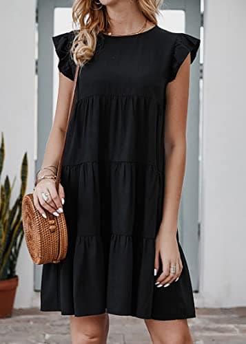 KIRUNDO Womens Dresses Summer Casual Sleeveless Ruffle Sleeve Round Neck Black Loose Short Flowy Pleated Mini Babydoll Dress(Black, Medium) - Thumbnail 3