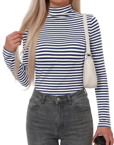 BTFBM Long Sleeve Shirts for Women Turtleneck Striped Shirt Lightweight Basic Thermal Underwear Tops 2026 Fall Fashion(Navy Blue White, X-Large) - Image 1