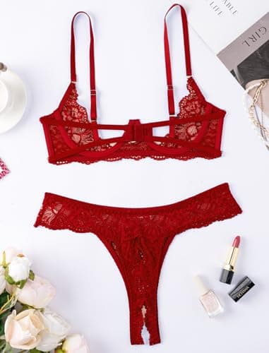 Avidlove Womens Lingerie Sexy Lace Lingerie Set Women Bra and Panty 2 Piece Sets Wine Red XXL - Thumbnail 4