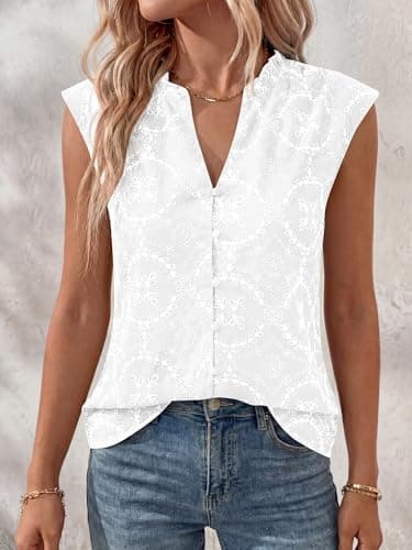 BTFBM Boho Tops for Women Summer Outfits Eyelet Embroidered Sleeveless Button Down Shirts Beach Vacation Clothes 2026(White, X-Large) - Thumbnail 3