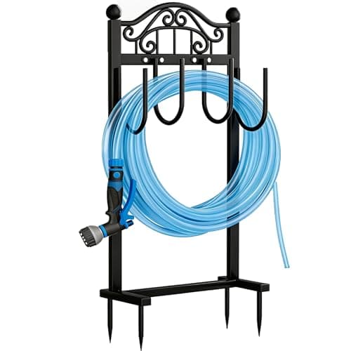 Freexployer Garden Hose Holder, Easy Coiling & Tangle-Free Metal Hose Reel, Portable Water Hose Storage Organizer for 100FT Hoses, Freestanding Hose Holder for Lawn, Yard and Garden, Black